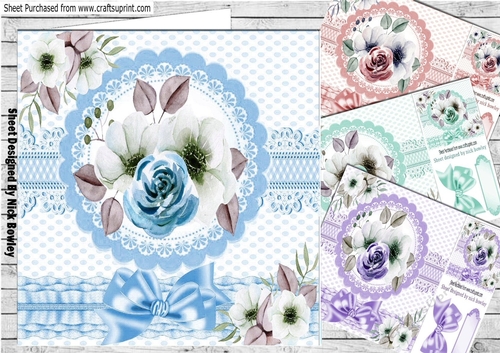 4 Pretty water colour  roses with borders and bows 8x8 card front mini kit