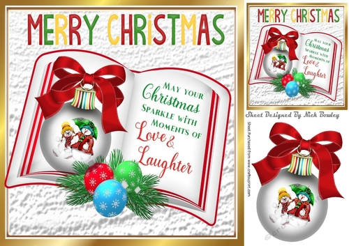 lovely snowmen in a rainbow bauble  on a open book with red bow 8x8