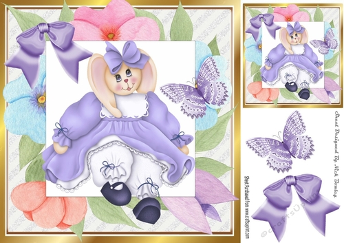 Cute Artwork in floral frame with butterflies & bow with bunny (purple) 8x8