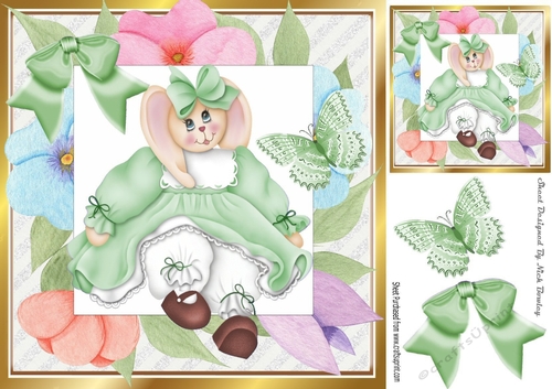 Cute Artwork in floral frame with butterflies & bow with bunny (Green) 8x8