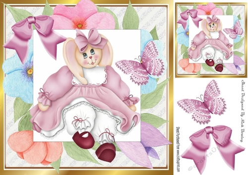 Cute Artwork in floral frame with butterflies & bow with bunny (pink) 8x8