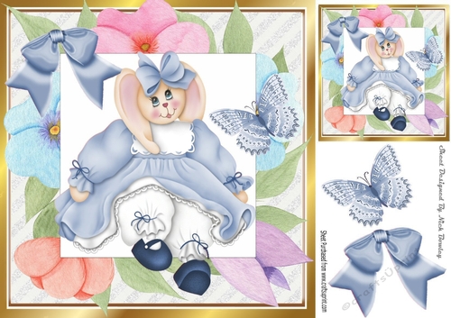 Cute Artwork in floral frame with butterflies & bow with bunny (blue) 8x8