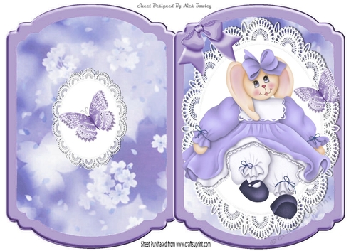 Cute bunny in purple dress on lace with bow bracket card