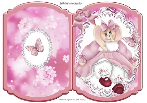 Cute bunny in pink dress on lace with bow bracket card