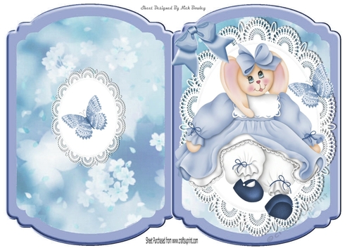 Cute bunny in blue dress on lace with bow bracket card