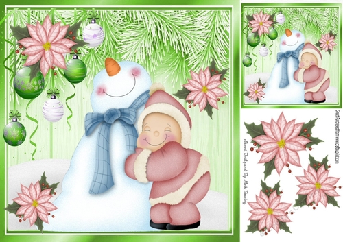Snowman cuddles with baubles and pink poinsettias 8x8
