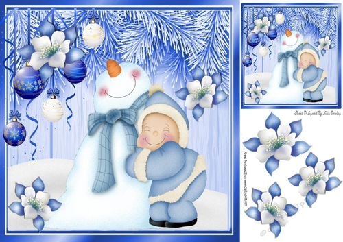 Snowman cuddles with baubles and blue poinsettias 8x8