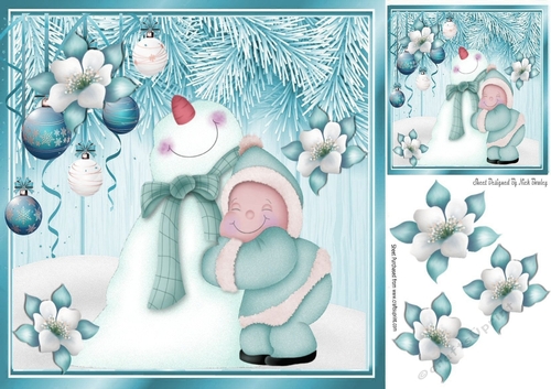 Snowman cuddles with baubles and turq  poinsettias 8x8