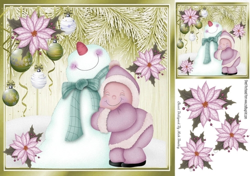 Snowman cuddles with green  baubles and poinsettias 8x8