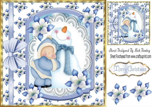 Snowman having cuddles with blue poinsettias 8x8 