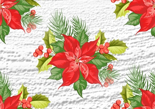 Red Poinsettias with berries and fern (large) on snow effect backing paper