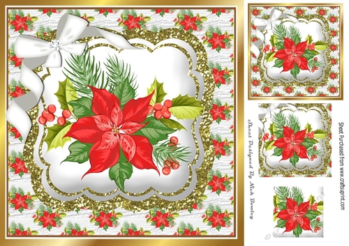 pretty red poinsettias with berries fern and white bow on a topper 8x8