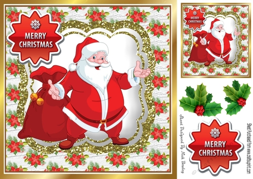 Lovely jolly santa with his sack of pressies with holly 8x8