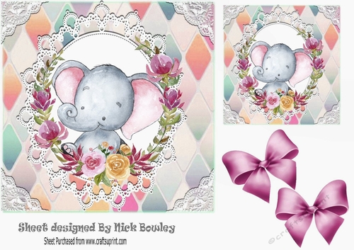 Cute water colour ele in flower frame with pink bows 7x7