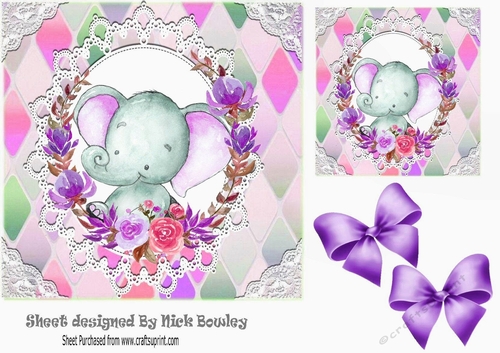 Cute water colour ele in flower frame with purple bows 7x7