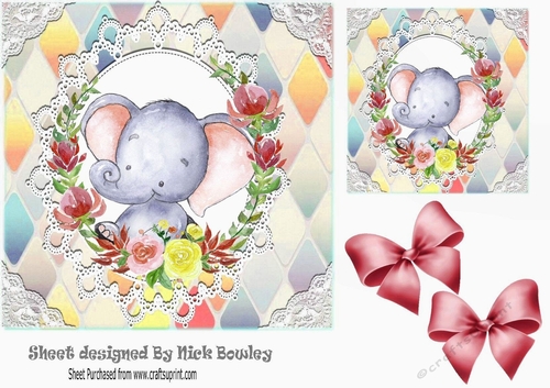 Cute water colour ele in flower frame with red bows 7x7
