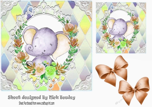 Cute water colour ele in flower frame with gold bows 7x7