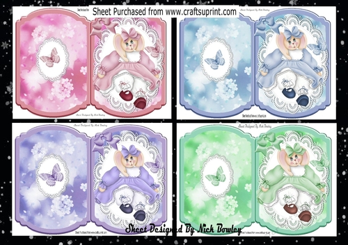  4 Cute bunnies in coloured dresses on lace with bows bracket cards mini kit