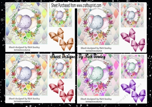  4 Cute water colour eles in flower frames with bows 7x7 card fronts mini kit