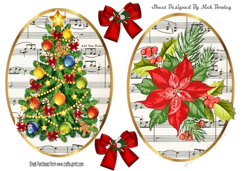 Two lovely toppers with music, christmas tree & poinsettias with berries