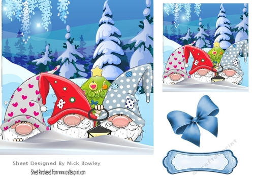 Trio of gnomes in the snow with christmas trees 7x7
