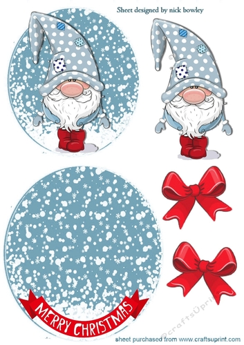 Gnome in blue with red bows rocker card