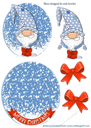Gnome in sky blue with orange bows rocker card