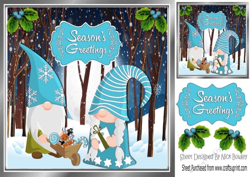 Gnomes in a enchanted forest blue with holly 8x8