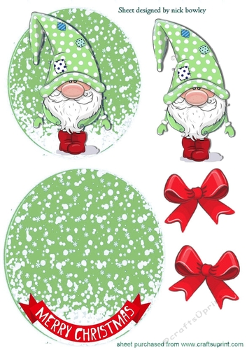 Gnome in green with red bows rocker card
