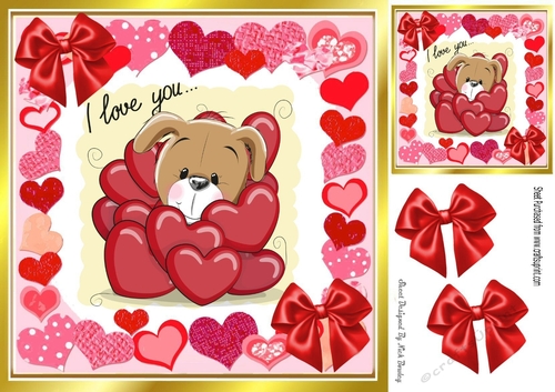 Love is in the air Cute puppy in heart frame  with red bows 8x8
