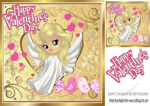 Sweet cupids Angel with love birds and pink hearts 8x8