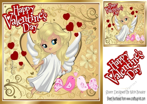 Sweet cupids Angel with love birds and red hearts 8x8