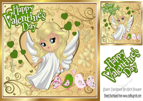 Sweet cupids Angel with love birds and green hearts 8x8