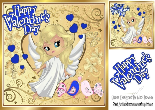 Sweet cupids Angel with love birds and blue hearts 8x8