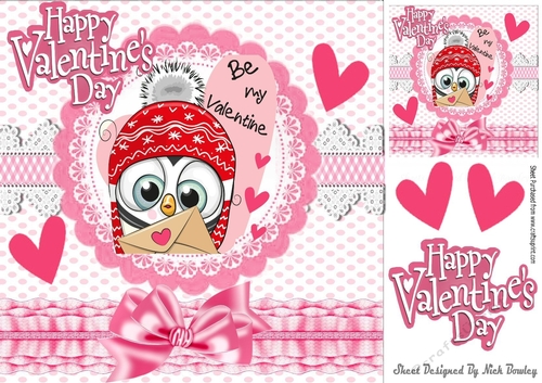 Be my valentine cute little owl with hearts pink bow 8x8