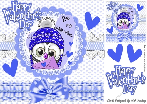 Be my valentine cute little owl with hearts blue bow 8x8