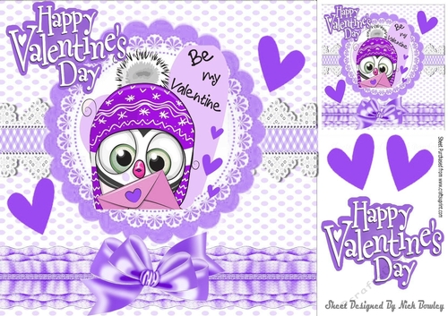 Be my valentine cute little owl with hearts purple bow 8x8