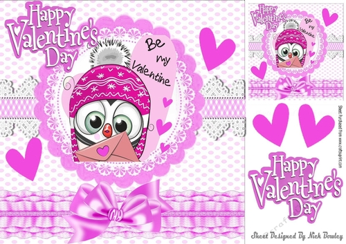 Be my valentine cute little owl with hearts cerise bow 8x8