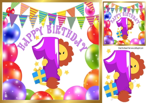 (1st) Birthday with balloons and lion (purple) 8x8