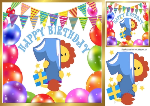 (1st) Birthday with balloons and lion (Blue) 8x8