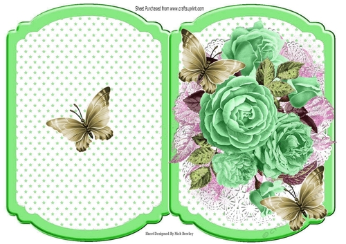 pretty posy of green roses on lace with butterflies star bracket card