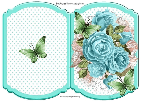pretty posy of turq roses on lace with butterflies star bracket card