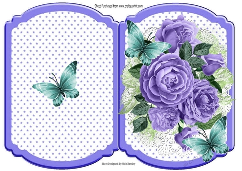 pretty posy of purple roses on lace with butterflies star bracket card