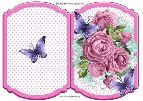 pretty posy of pink roses on lace with butterflies star bracket card
