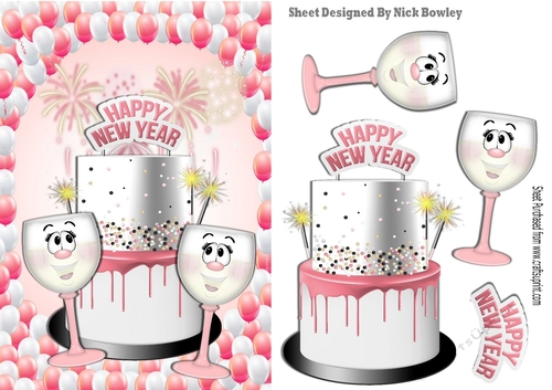 New Year Pink cake with toony glasses of champers with balloons A5
