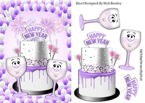 New Year lilac cake with toony glasses of champers with balloons A5