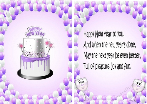 New Year lilac cake/ toony glasses  with balloons A5 insert/card front