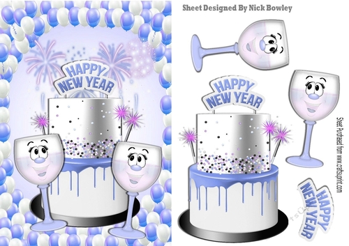 New Year blue cake with toony glasses of champers with balloons A5