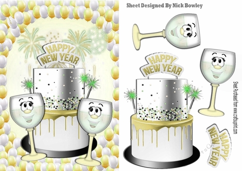 New Year gold cake with toony glasses of champers with balloons A5