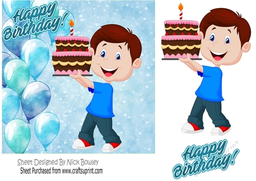 Birthday boy with blue ballooons and cake 7x7